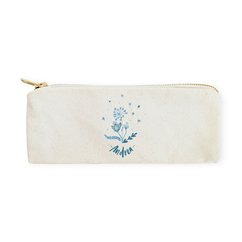 Personalized Name Blue Floral Cotton Canvas Pencil Case and Travel Pouch - Starttech Online Market