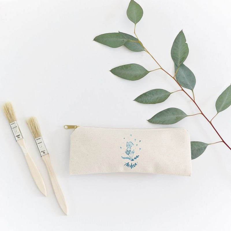 Personalized Name Blue Floral Cotton Canvas Pencil Case and Travel Pouch - Starttech Online Market