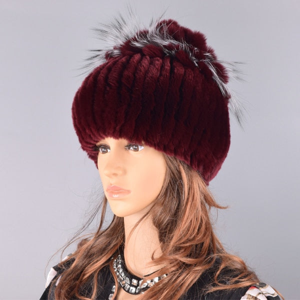 Raglaido Fur Hats for Women Winter Real Rex Rabbit Hat floral kniting female warm snow caps ladies elegant princess hat LQ11299 - Starttech Online Market
