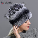 Raglaido Fur Hats for Women Winter Real Rex Rabbit Hat floral kniting female warm snow caps ladies elegant princess hat LQ11299 - Starttech Online Market