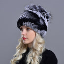 Raglaido Fur Hats for Women Winter Real Rex Rabbit Hat floral kniting female warm snow caps ladies elegant princess hat LQ11299 - Starttech Online Market