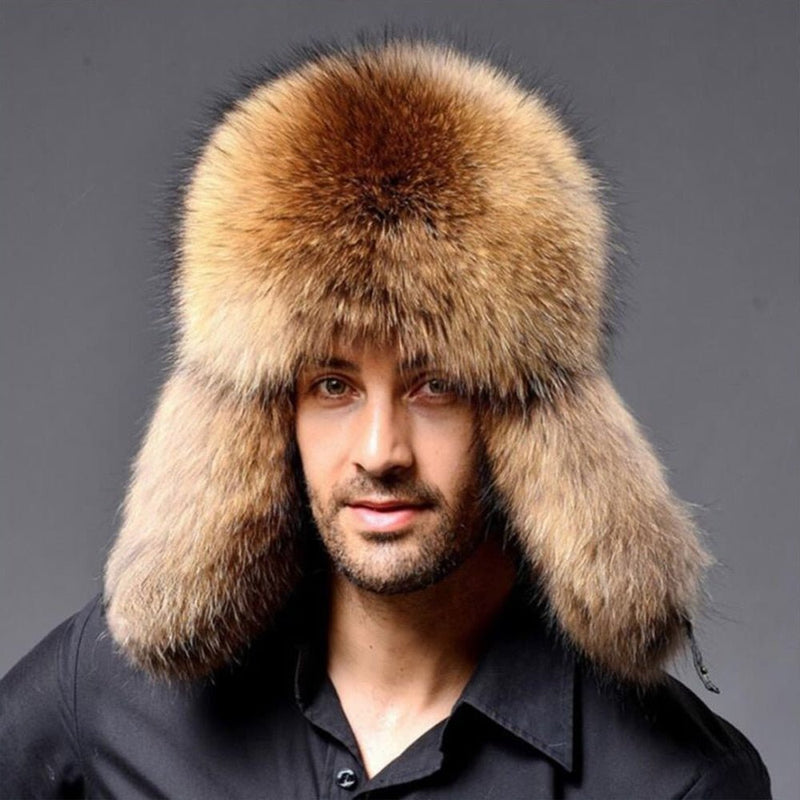 Russian Men Lamb leather bomber Faux Raccoon Fur hat winter hats with earmuffs trapper earflap Ski Outdoor cap man black hat - Starttech Online Market