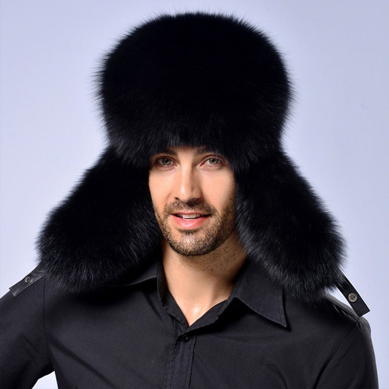 Russian Men Lamb leather bomber Faux Raccoon Fur hat winter hats with earmuffs trapper earflap Ski Outdoor cap man black hat - Starttech Online Market