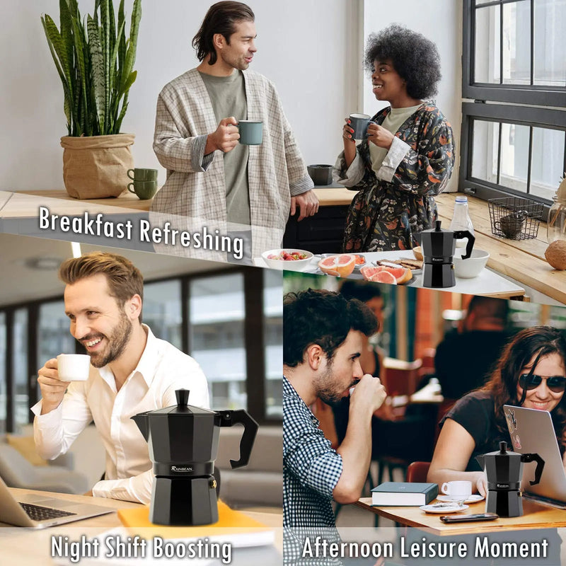 Stovetop Espresso Maker Espresso Cup Moka Pot Classic Cafe Maker Percolator Coffee Maker Italian Espresso for Gas or Electric Aluminum Black Gift package with 2 cups - Starttech Online Market