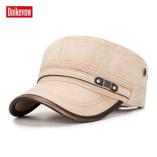 UNIKEVOW Military cap 100% cotton flat top Hat for men Vintage Army Hat Cadet Military Patrol Cap outdoor cap with Pu visor - Starttech Online Market