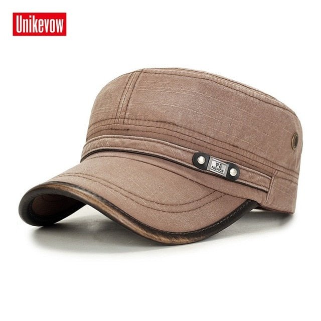 UNIKEVOW Military cap 100% cotton flat top Hat for men Vintage Army Hat Cadet Military Patrol Cap outdoor cap with Pu visor - Starttech Online Market