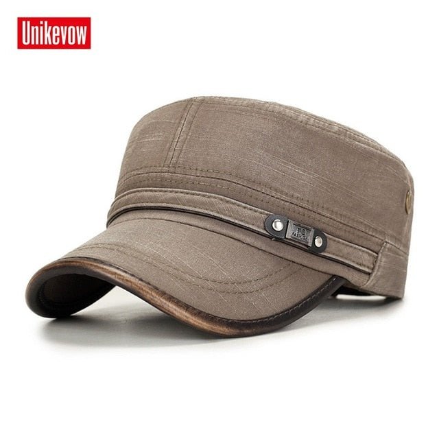UNIKEVOW Military cap 100% cotton flat top Hat for men Vintage Army Hat Cadet Military Patrol Cap outdoor cap with Pu visor - Starttech Online Market
