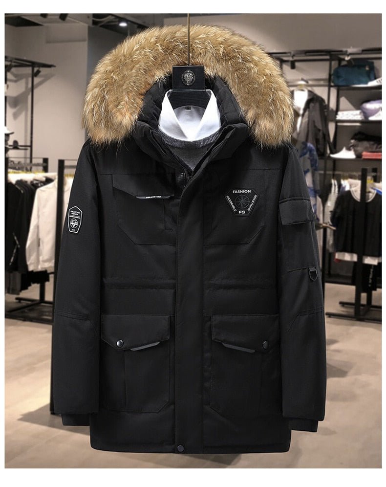 Warm and Waterproof Hooded White Duck Down Men Detachable Fur Collar Jacket - Starttech Online Market