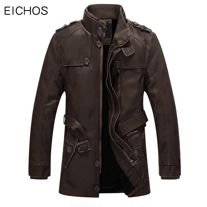 Winter Leather Jacket Casual Warm Men's Long Leather Trench Coat Washed PU Leather Motorcycle Jacket - Starttech Online Market