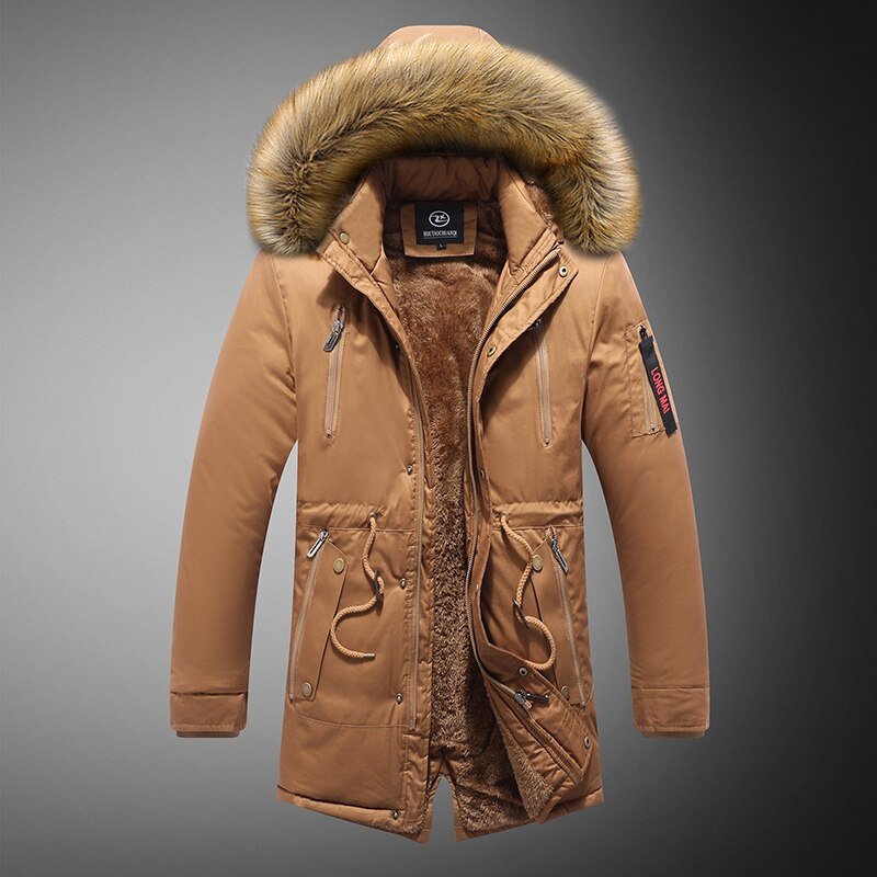 Winter Men's Thicken Long Fur Collar Jacket Windproof Hooded Warm Parka Multi-pockets Zipper Fleece Outdoor Overcoat - Starttech Online Market