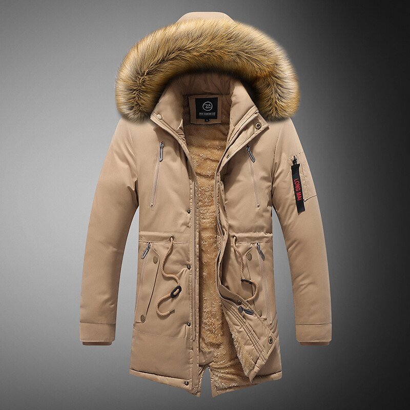 Winter Men's Thicken Long Fur Collar Jacket Windproof Hooded Warm Parka Multi-pockets Zipper Fleece Outdoor Overcoat - Starttech Online Market