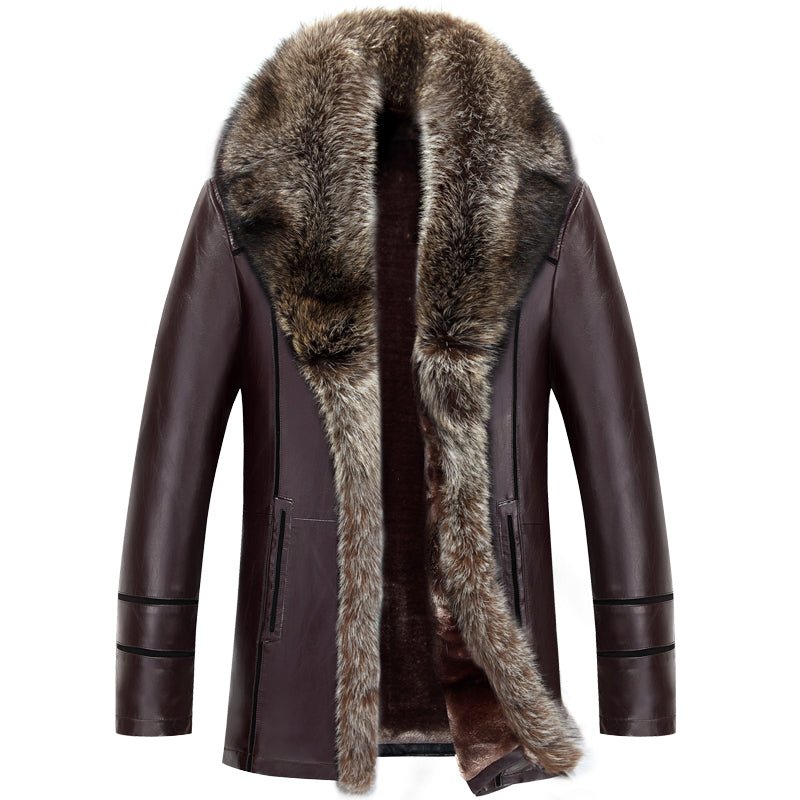Winter Raccoon Dog Fur Collar Leather Jacket Men New Thicken Windbreaker Fashion Coat - Starttech Online Market