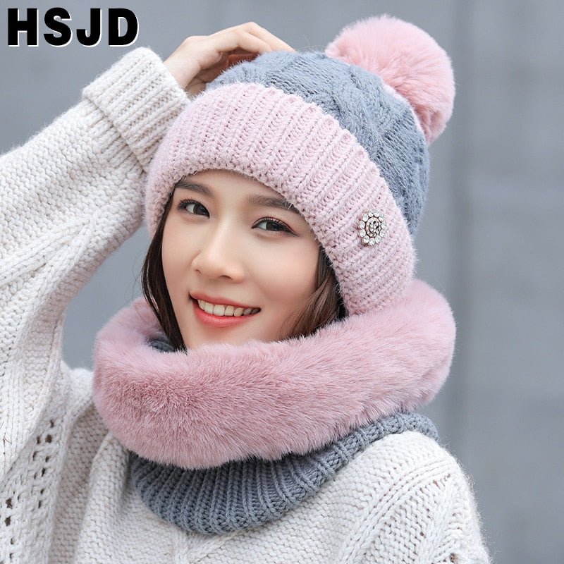 Winter Women's Double Color Knitted Hat And Thick Plush Scarf 2 Pieces Set Warm Pompom Beanies Hats Protect Neck Bonnet - Starttech Online Market