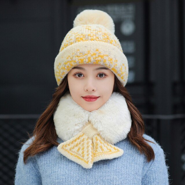 Winter Women's Double Color Knitted Hat And Thick Plush Scarf 2 Pieces Set Warm Pompom Beanies Hats Protect Neck Bonnet - Starttech Online Market