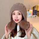 Women Winter Peruvian Beanie Hat Ski Cap Fleece Lined Ear Flaps Hats With Rabbit Fur Pompoms - Starttech Online Market