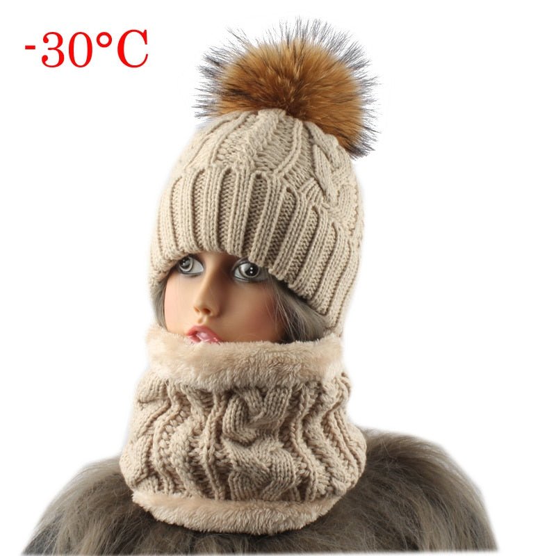 Womens Hats With Scarf Warm Fleece Inside Beanie Winter Real Mink Fur Pompom Female Knitted Hats - Starttech Online Market