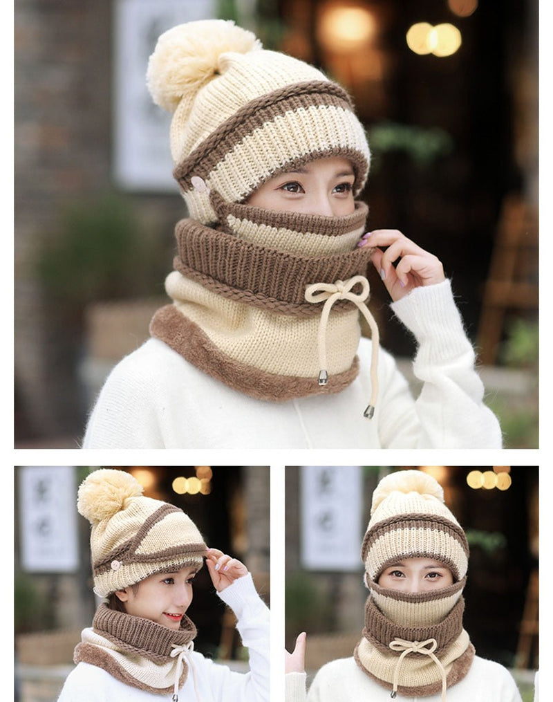 Women's Mask Hat Scarf 3 Pcs Sets Thick Warm Fleece Inside Knitted Winter Riding Fashion Hat - Starttech Online Market