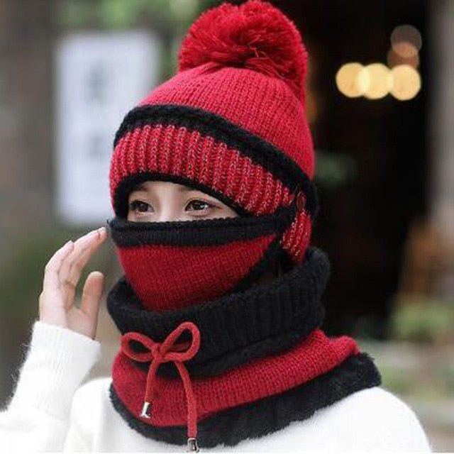 Women's Mask Hat Scarf 3 Pcs Sets Thick Warm Fleece Inside Knitted Winter Riding Fashion Hat - Starttech Online Market