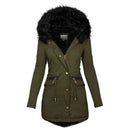Women's Solid Colorfur Collar Hooded Mid-length Warm Cotton Coat - Starttech Online Market