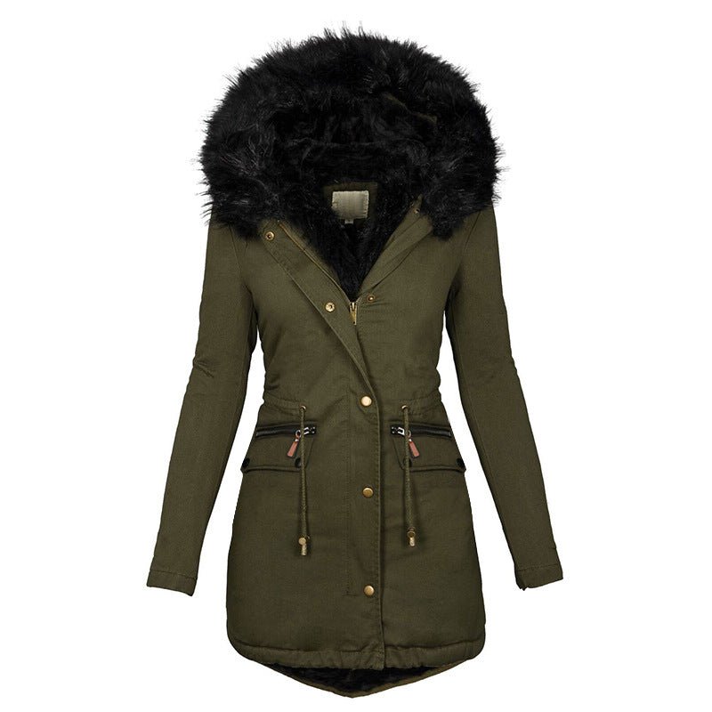 Women's Solid Colorfur Collar Hooded Mid-length Warm Cotton Coat - Starttech Online Market