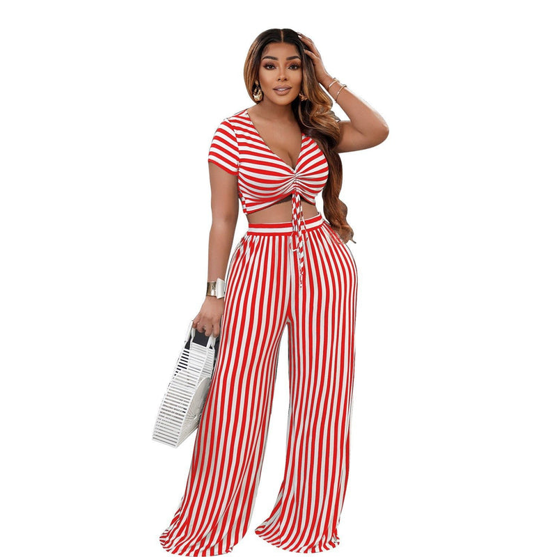 Women's Striped Print Two Piece Short Sleeve V Neck Loose - Starttech Online Market
