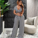 Women's Striped Print Two Piece Short Sleeve V Neck Loose - Starttech Online Market