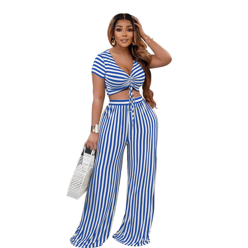 Women's Striped Print Two Piece Short Sleeve V Neck Loose - Starttech Online Market