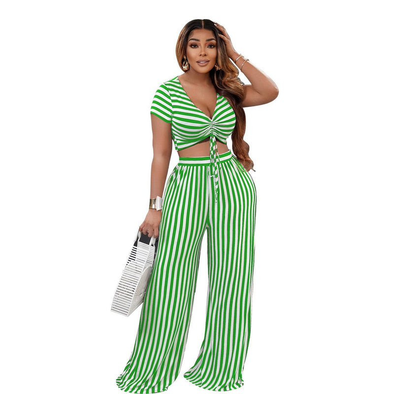 Women's Striped Print Two Piece Short Sleeve V Neck Loose - Starttech Online Market
