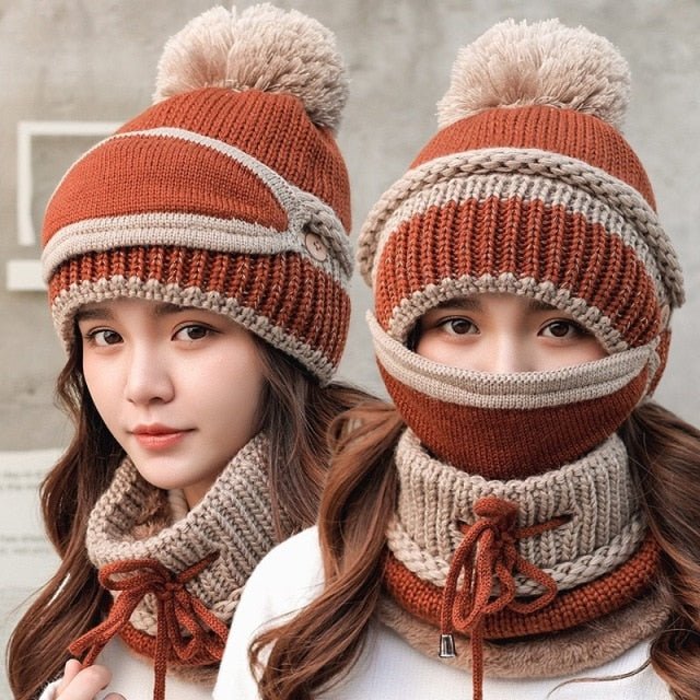 Women's Winter Hat Mask 3 Piece Set Velvet Thick Knitted Warm Ear Protection Mixed Colour Woollen Hat - Starttech Online Market