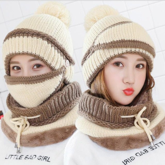 Women's Winter Hat Mask 3 Piece Set Velvet Thick Knitted Warm Ear Protection Mixed Colour Woollen Hat - Starttech Online Market