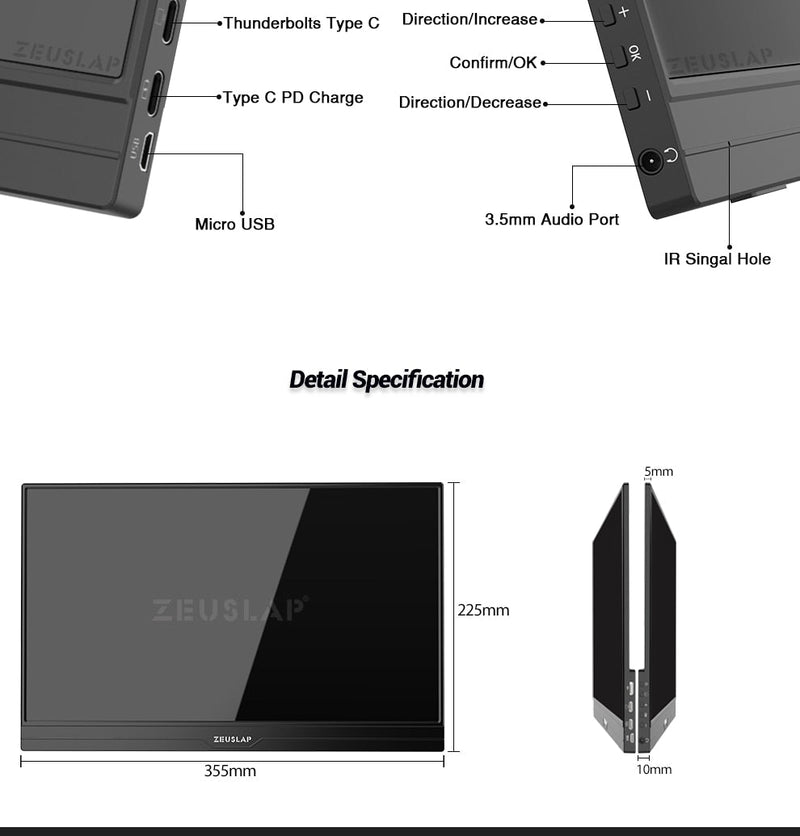 ZEUSLAP Portable Monitor Ultrathin 15.6inch touch/non touch 1080P FHD HDR IPS USB-C for laptop phone xbox cctv camera PS4 PS5 - Starttech Online Market