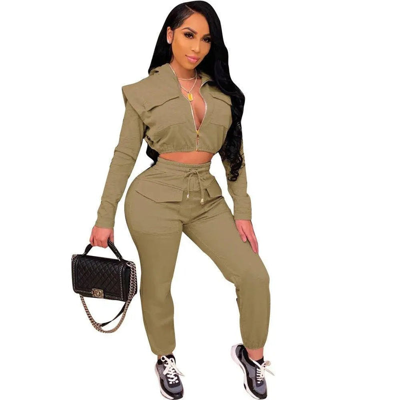 Zipper Slim Hat Collar Fashion Two-piece Set - Starttech Online Market